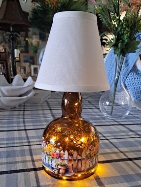 Amber Glass Bottle Table Lamp with Floral Pickett Fence Decal